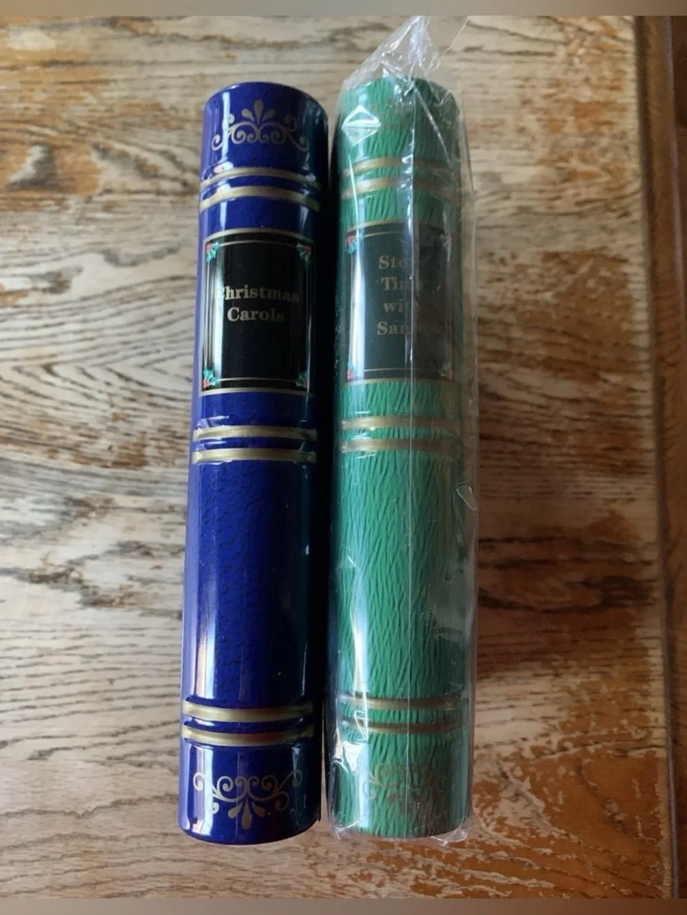 Set Of 2 Christmas Book Shaped Tins Holiday Decor Santa Green Blue